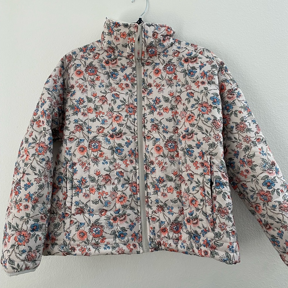 Pink Lily Floral Quilted Puffer Jacket - Cream Base with Coral & Blue Flowers